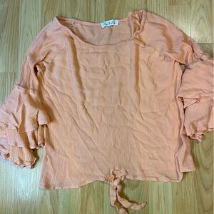 Vine & Love Peach Tie-Hem Ruffle Sleeve Blouse
